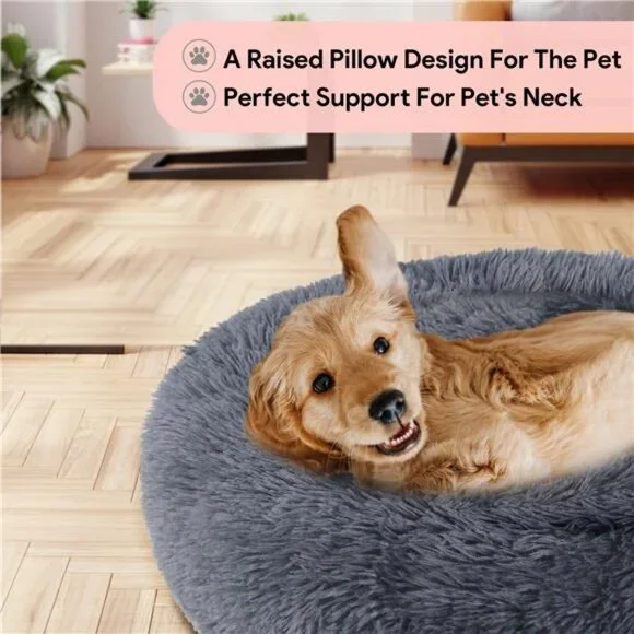 24" Calming Dog Bed for Medium Small Dogs, Donut Plush Pet Bed, Anti-Anxiety - Picture 3 of 7
